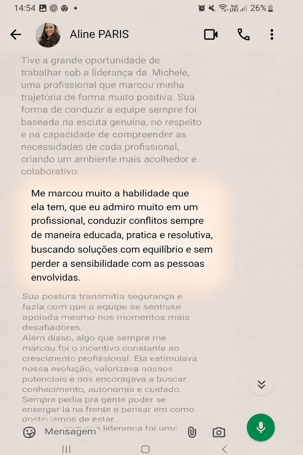 Depoimento de Aline sobre a liderança de Michele