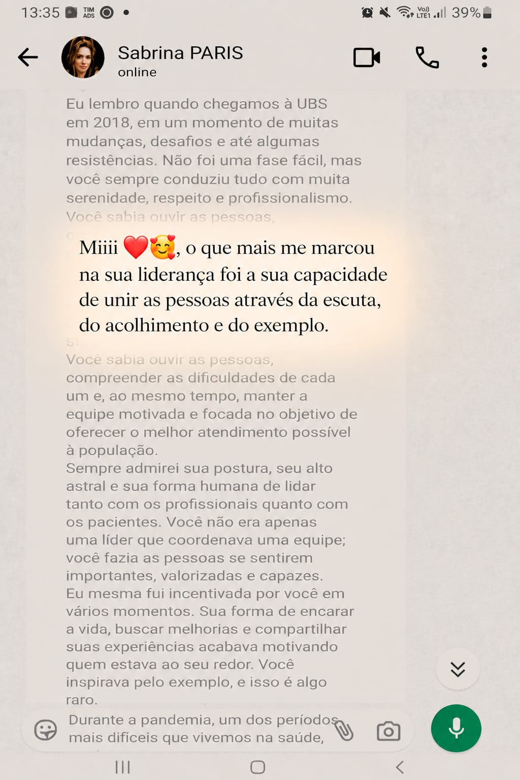 Depoimento de Sabrina sobre a liderança de Michele